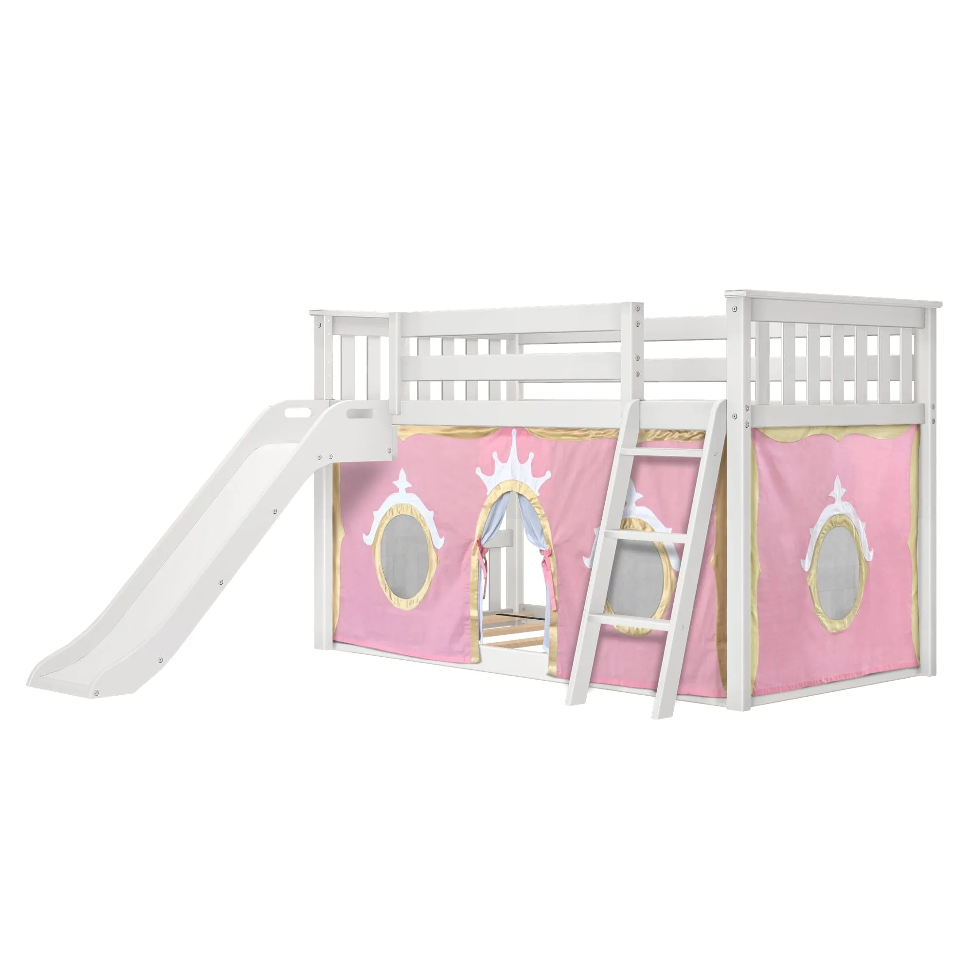 Twin Over Twin Low Bunk Bed with Easy Slide & Princess Curtain