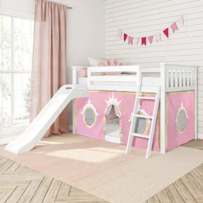 Twin Over Twin Low Bunk Bed with Easy Slide & Princess Curtain