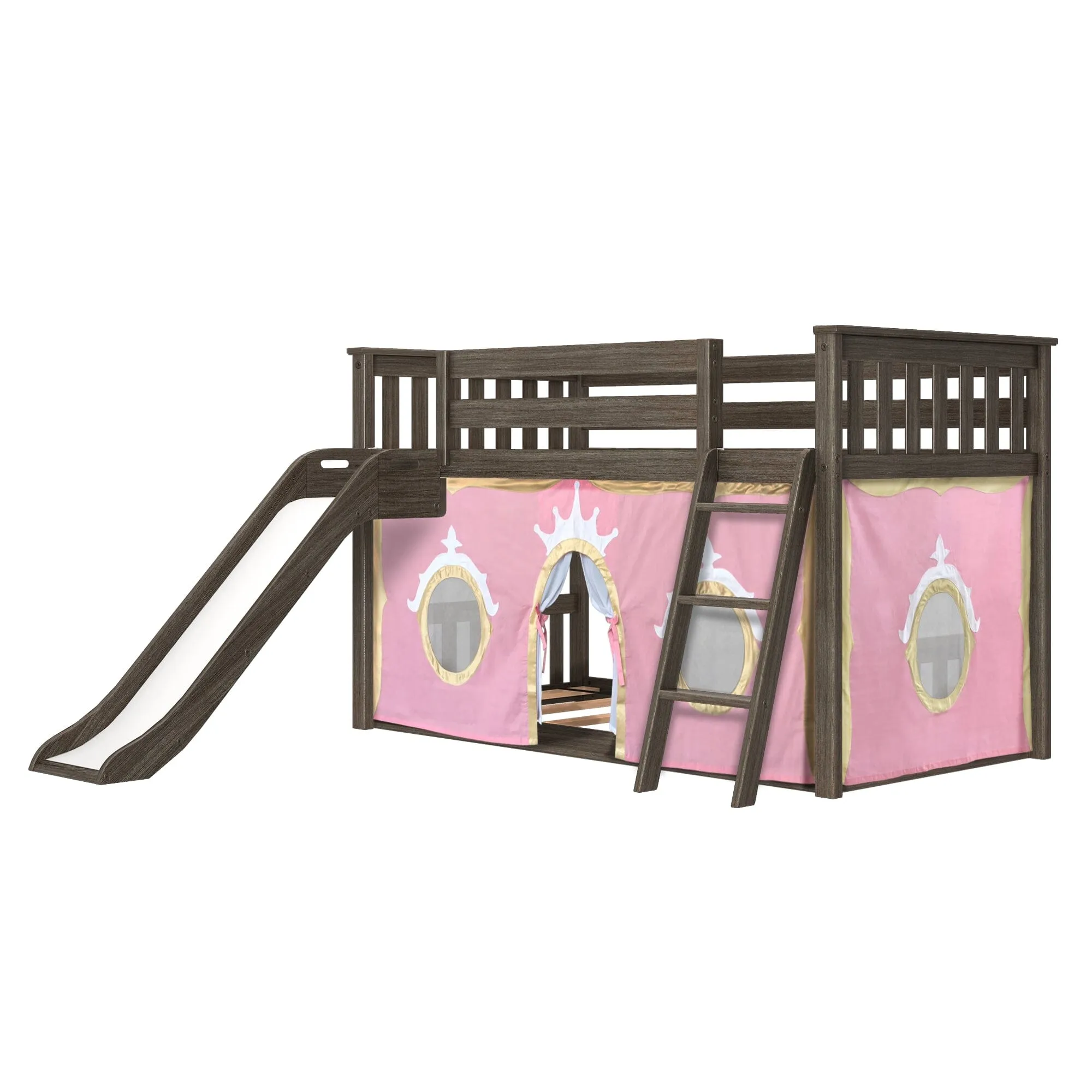 Twin Over Twin Low Bunk Bed with Easy Slide & Princess Curtain