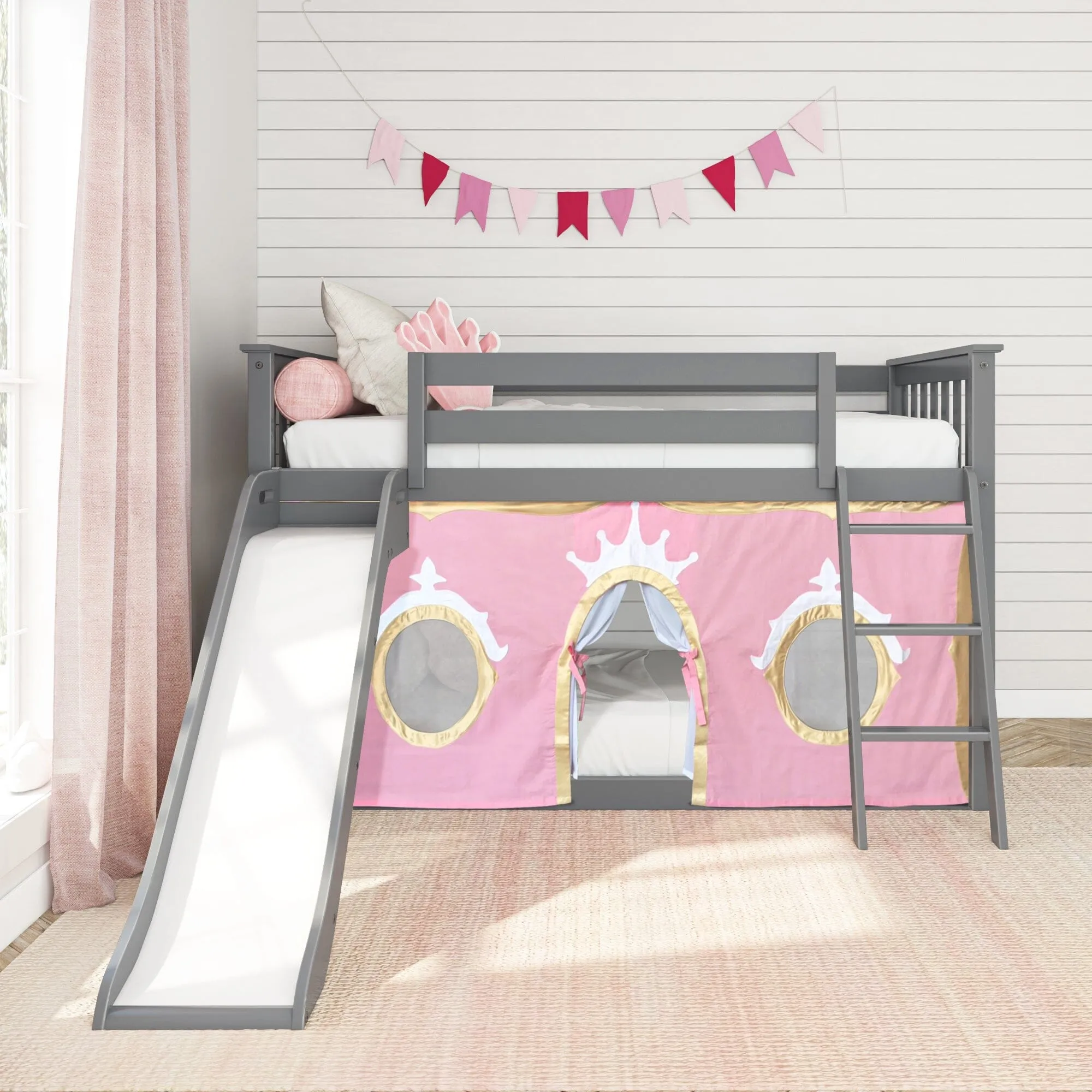 Twin Over Twin Low Bunk Bed with Easy Slide & Princess Curtain