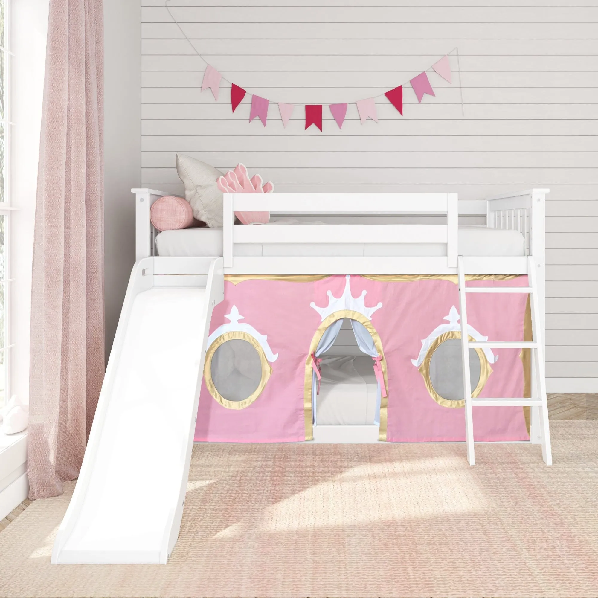 Twin Over Twin Low Bunk Bed with Easy Slide & Princess Curtain