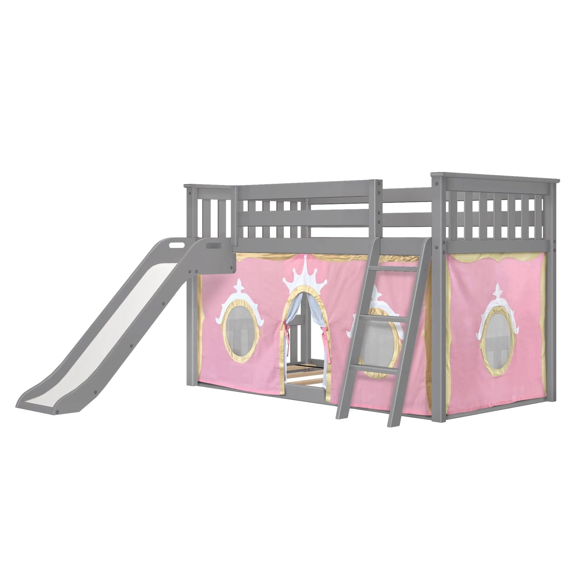 Twin Over Twin Low Bunk Bed with Easy Slide & Princess Curtain