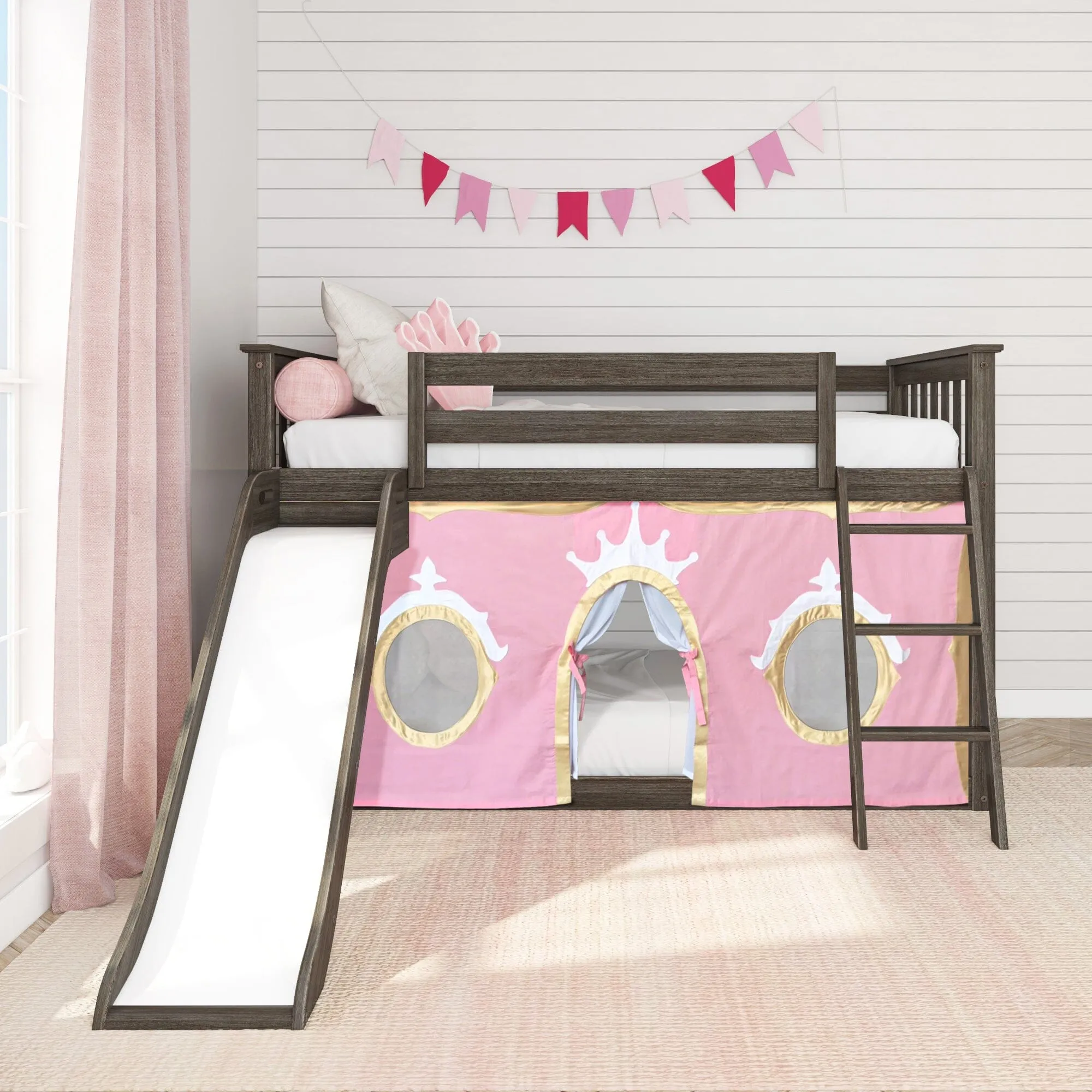 Twin Over Twin Low Bunk Bed with Easy Slide & Princess Curtain
