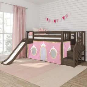 Twin Over Twin Low Bunk Bed with Stairs, Easy Slide, & Princess Curtain