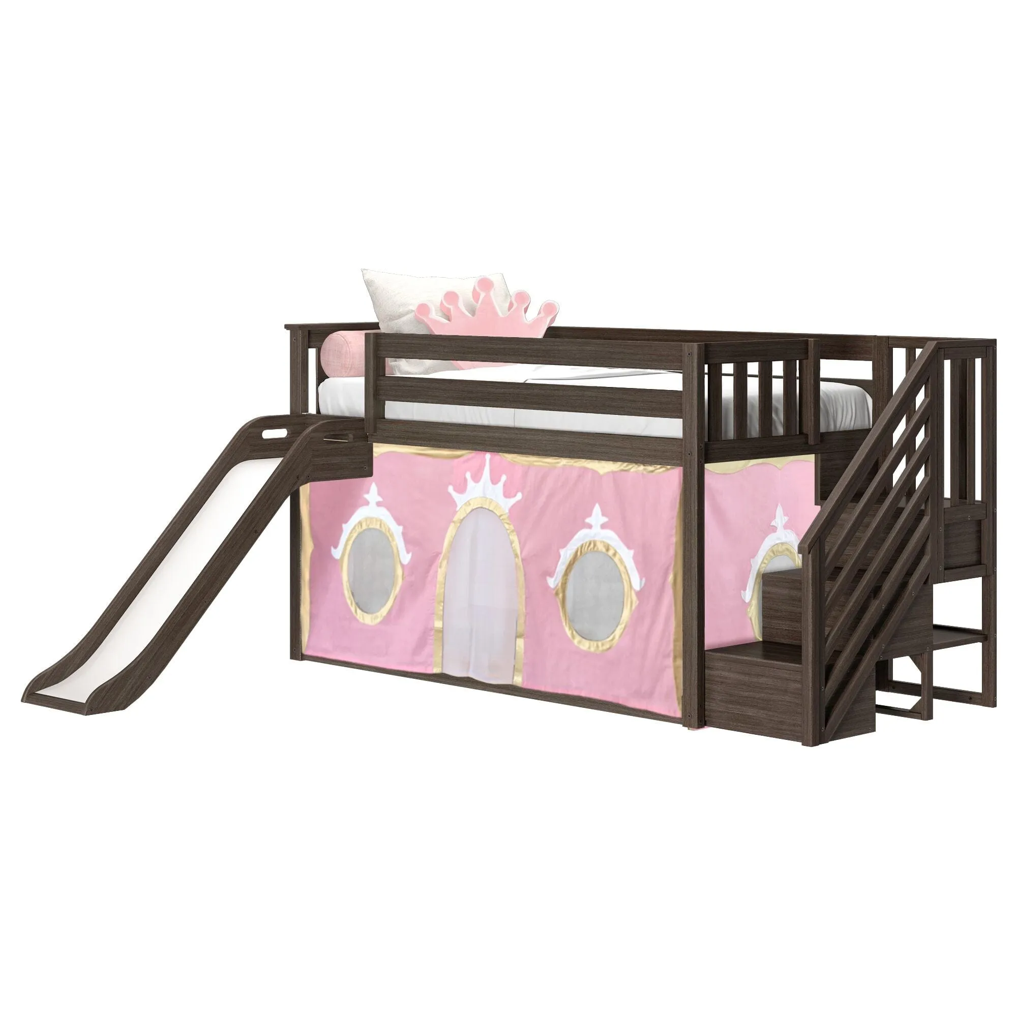 Twin Over Twin Low Bunk Bed with Stairs, Easy Slide, & Princess Curtain