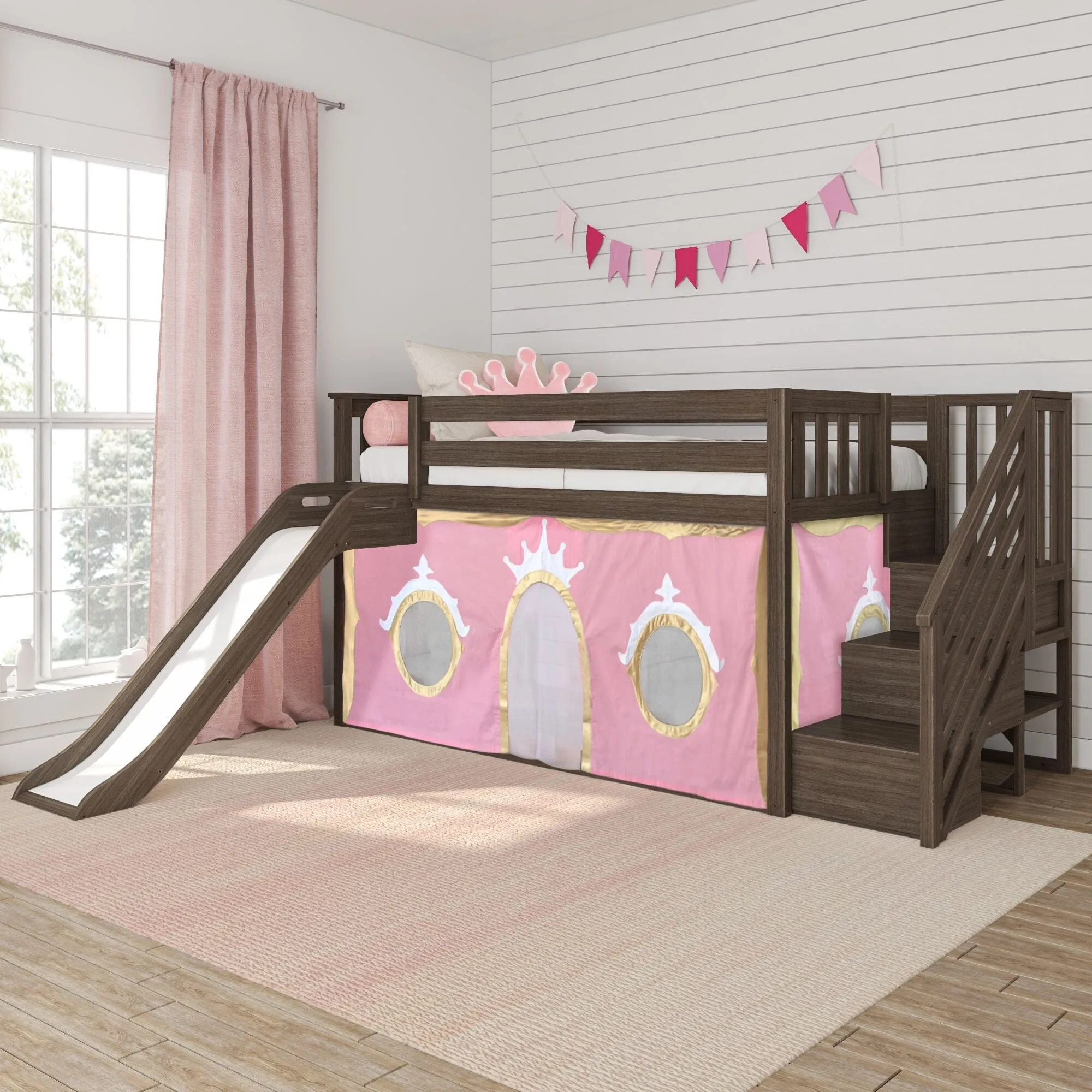 Twin Over Twin Low Bunk Bed with Stairs, Easy Slide, & Princess Curtain
