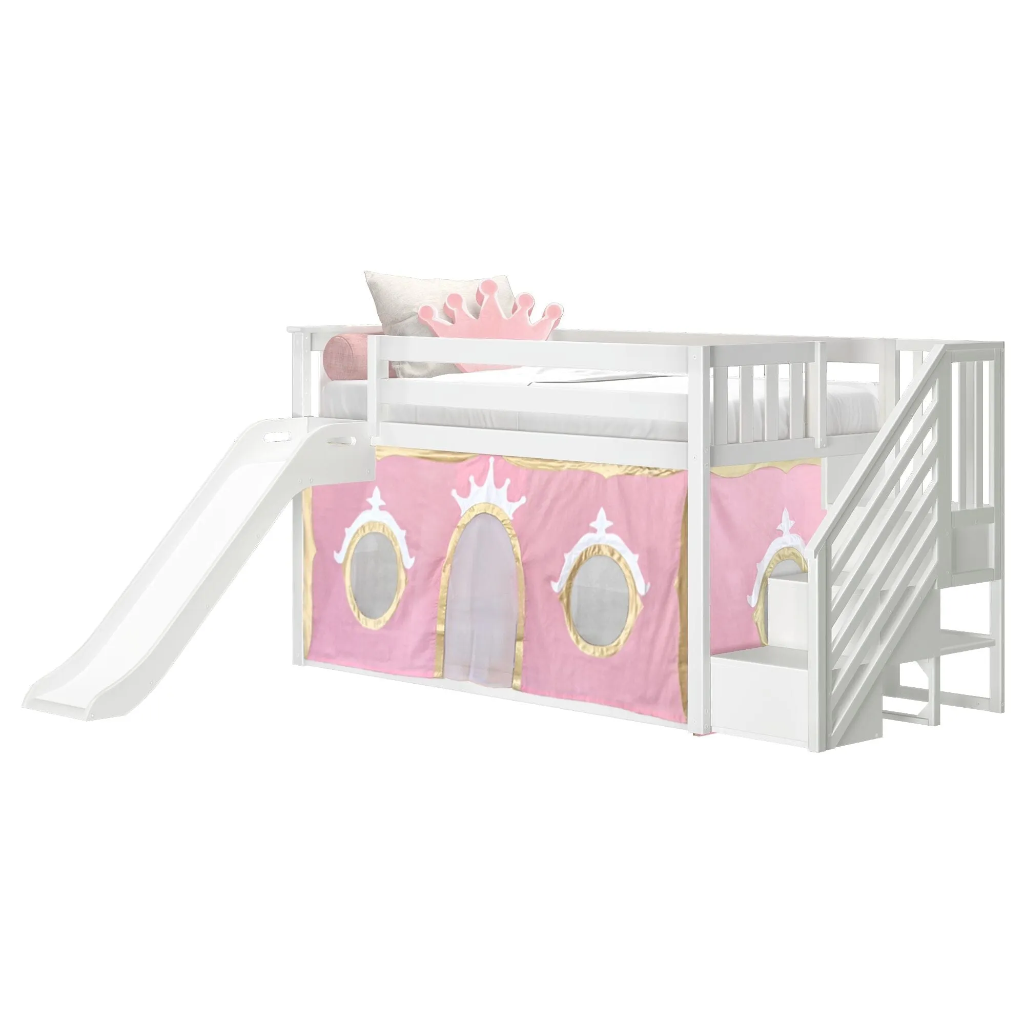 Twin Over Twin Low Bunk Bed with Stairs, Easy Slide, & Princess Curtain