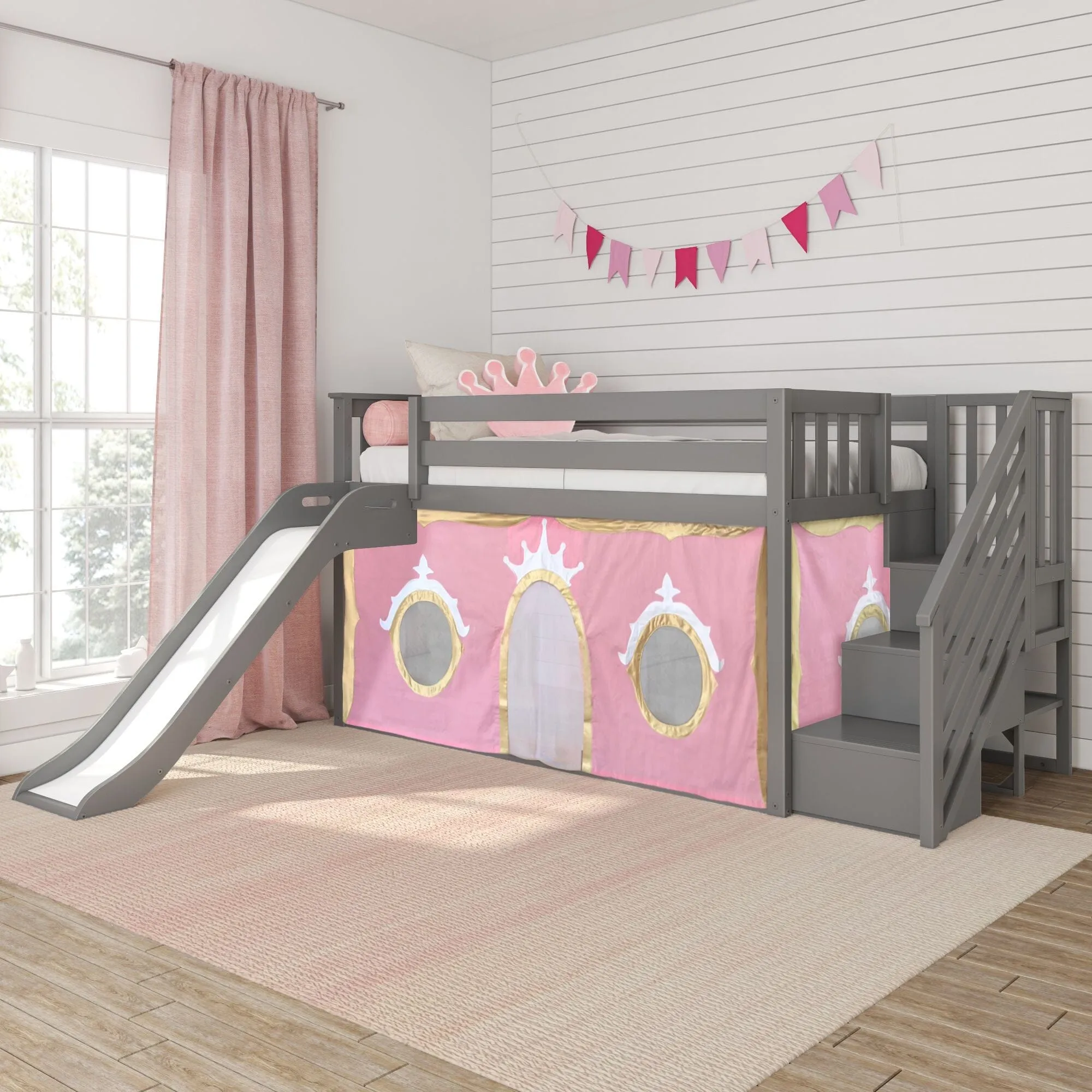 Twin Over Twin Low Bunk Bed with Stairs, Easy Slide, & Princess Curtain