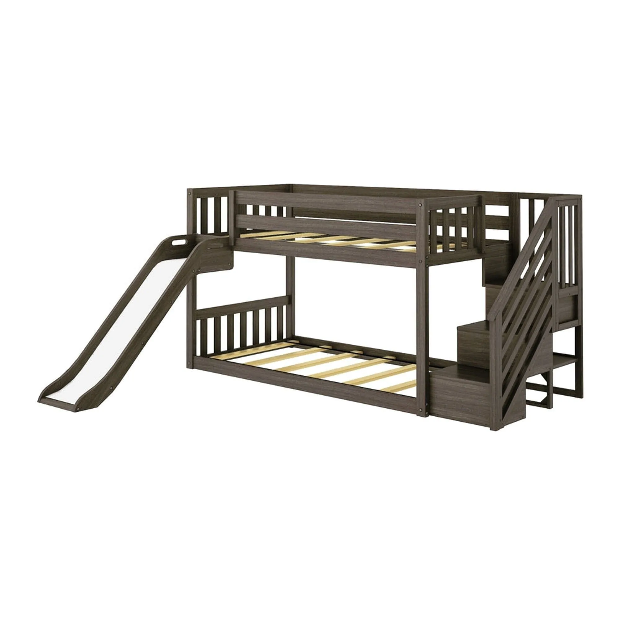 Twin Over Twin Low Bunk Bed with Stairs, Easy Slide, & Princess Curtain