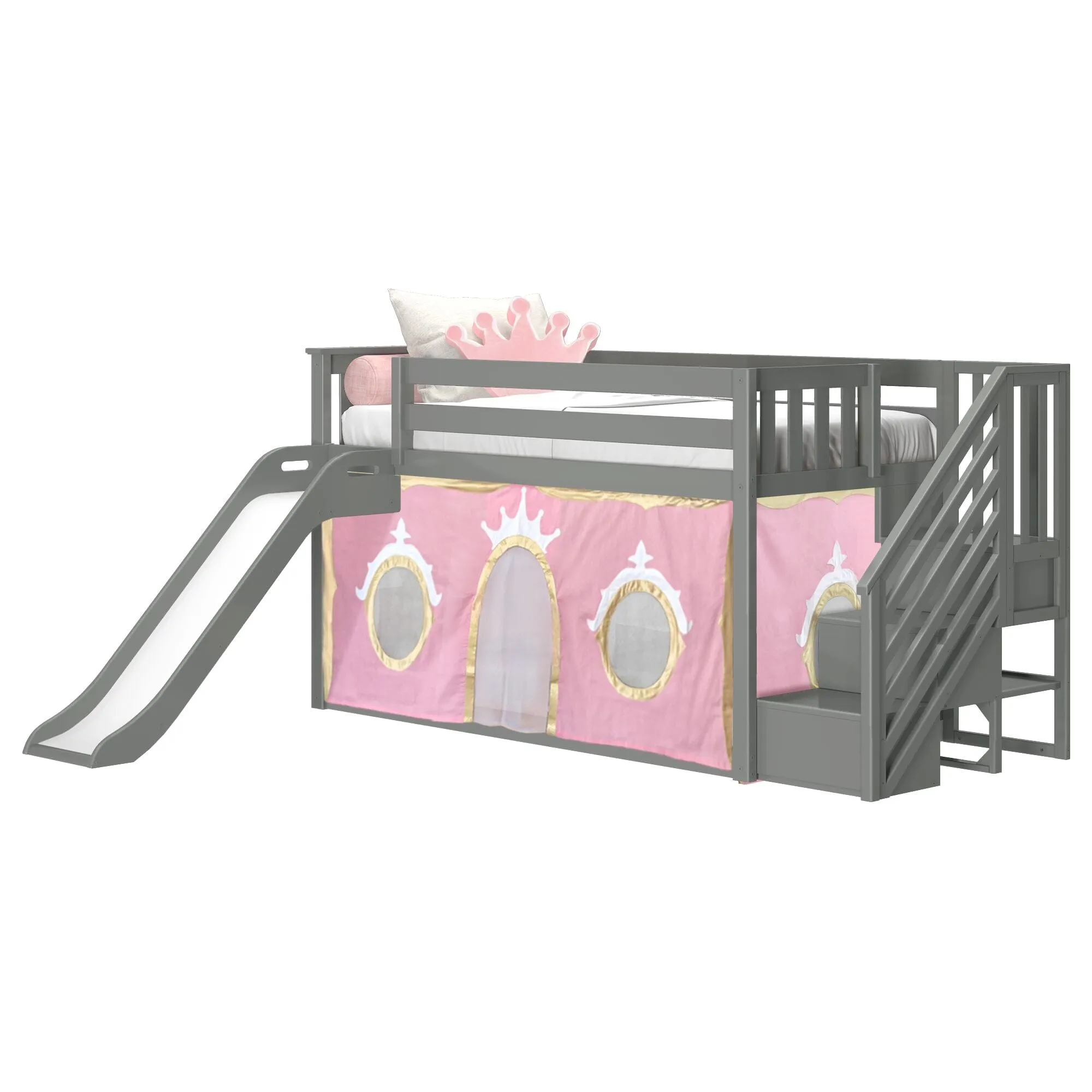 Twin Over Twin Low Bunk Bed with Stairs, Easy Slide, & Princess Curtain