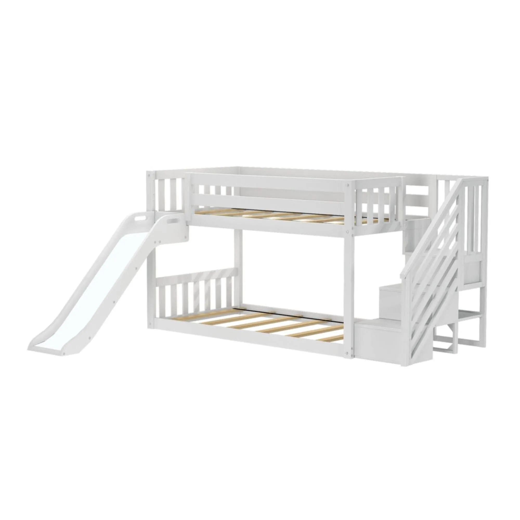 Twin Over Twin Low Bunk Bed with Stairs, Easy Slide, & Princess Curtain