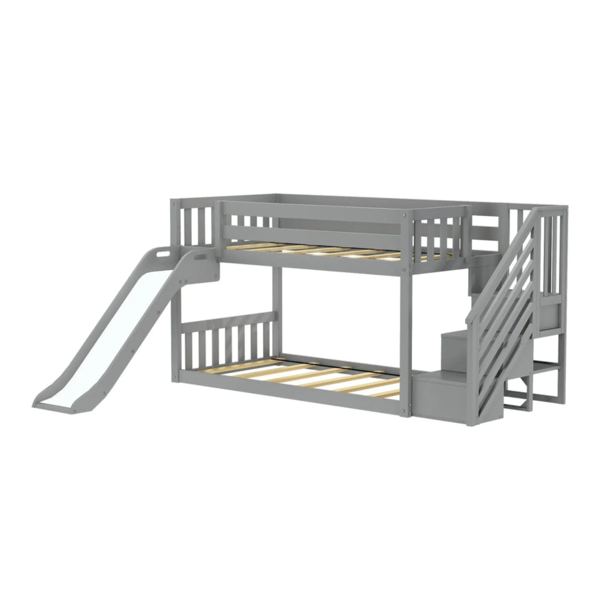 Twin Over Twin Low Bunk Bed with Stairs, Easy Slide, & Princess Curtain