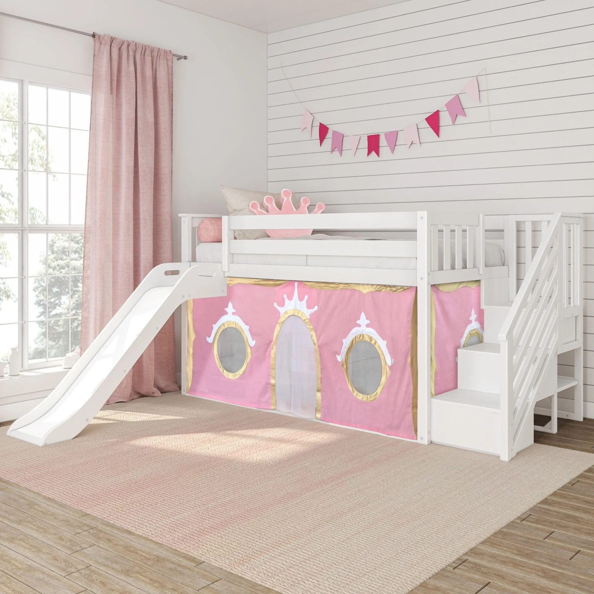 Twin Over Twin Low Bunk Bed with Stairs, Easy Slide, & Princess Curtain