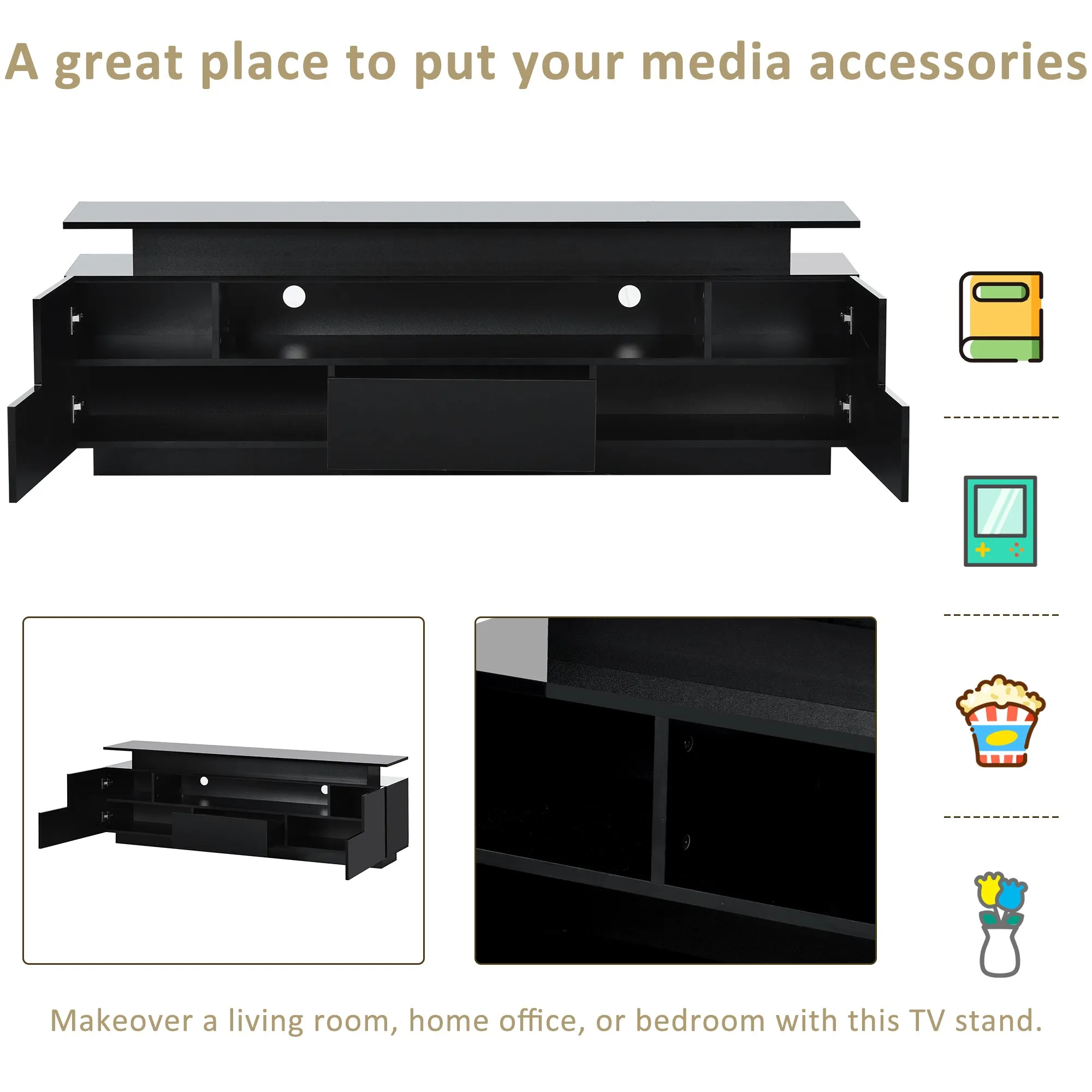 Universe High Gloss TV Stand with Color Changing LED Lights - Black