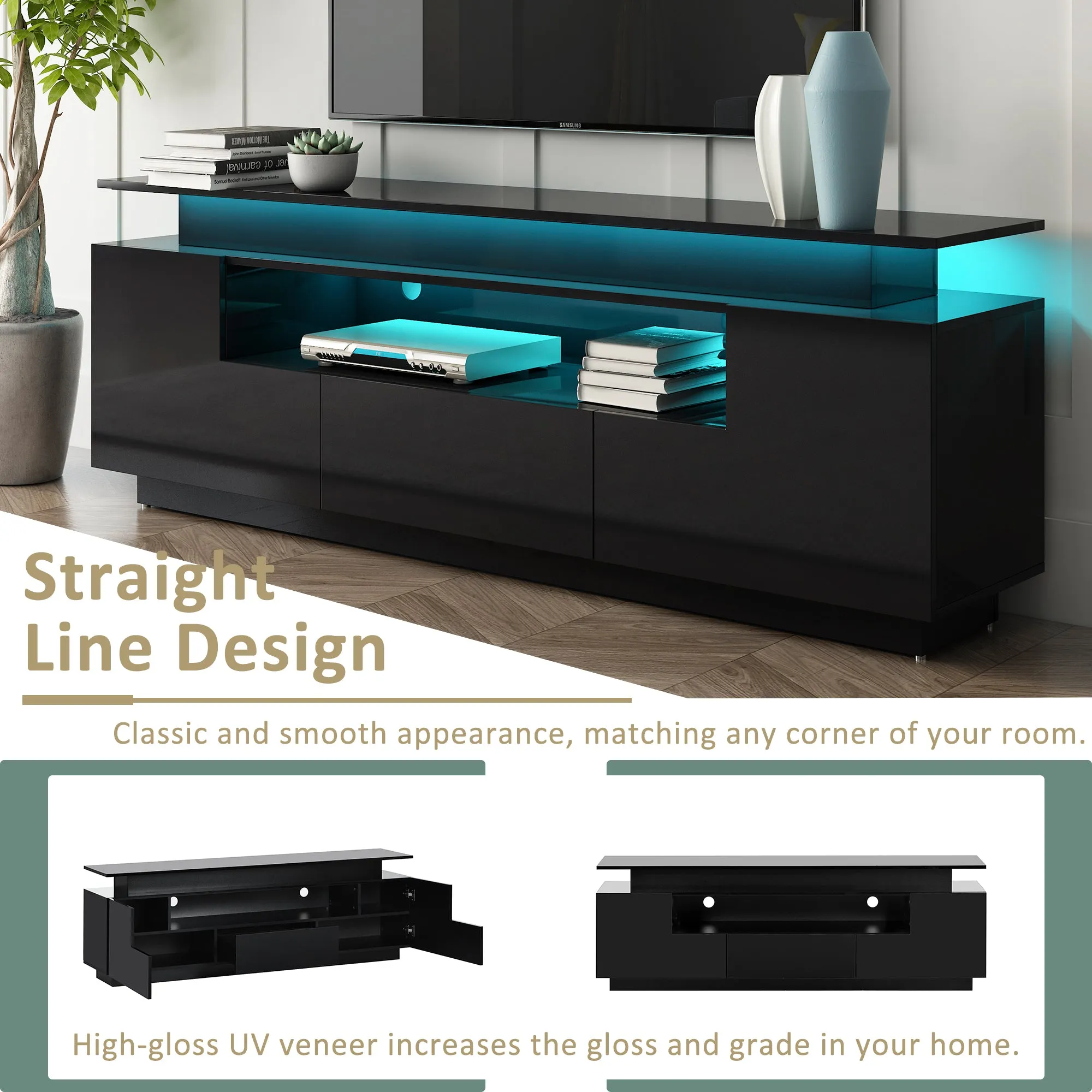 Universe High Gloss TV Stand with Color Changing LED Lights - Black