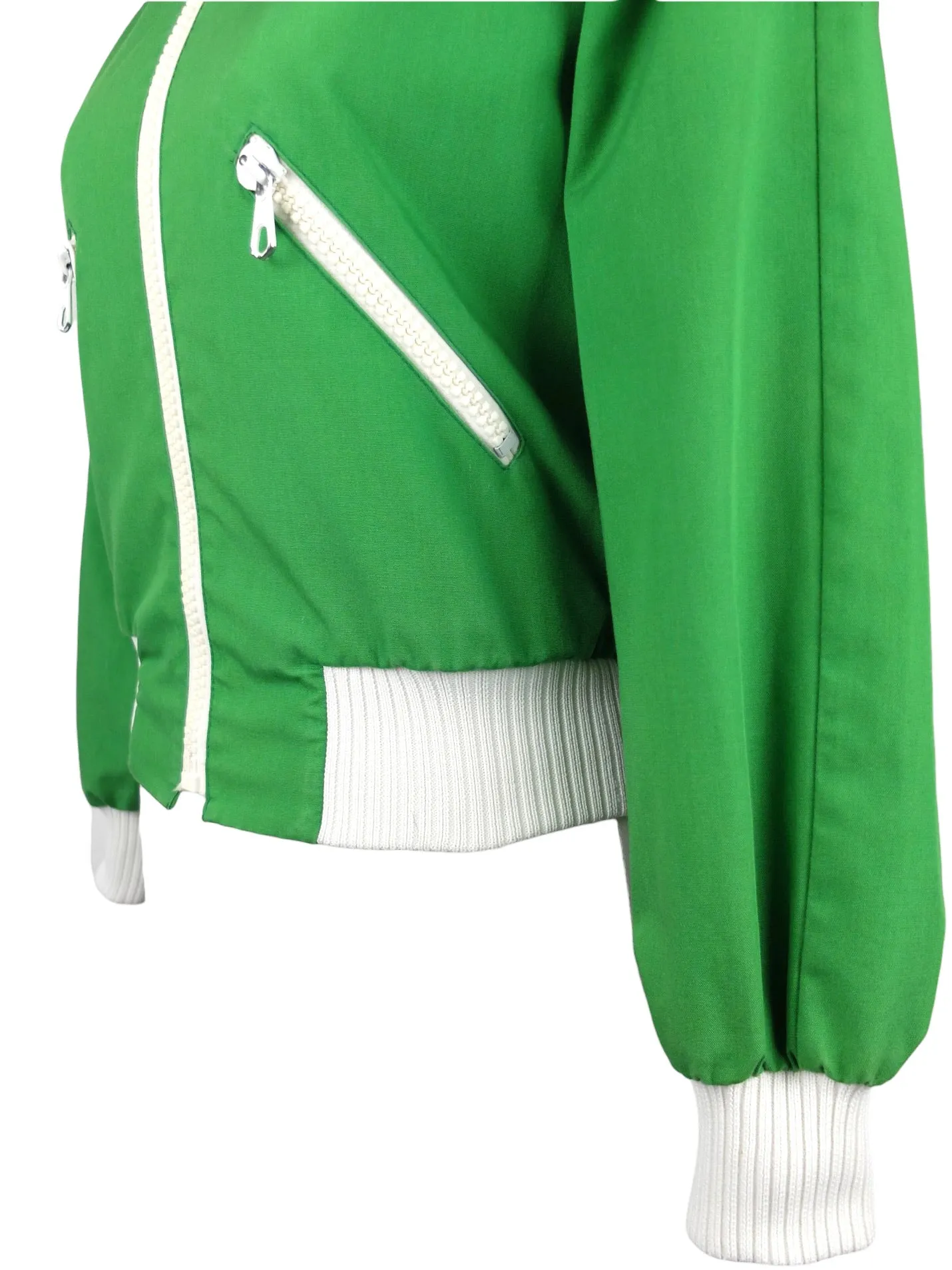 Vintage 60s Mod Psyschedelic Retro Bright Green & White Athletic Streetwear Fitted Dagger Collared Zip Up Canvas Track Jacket | Size XXS-XS
