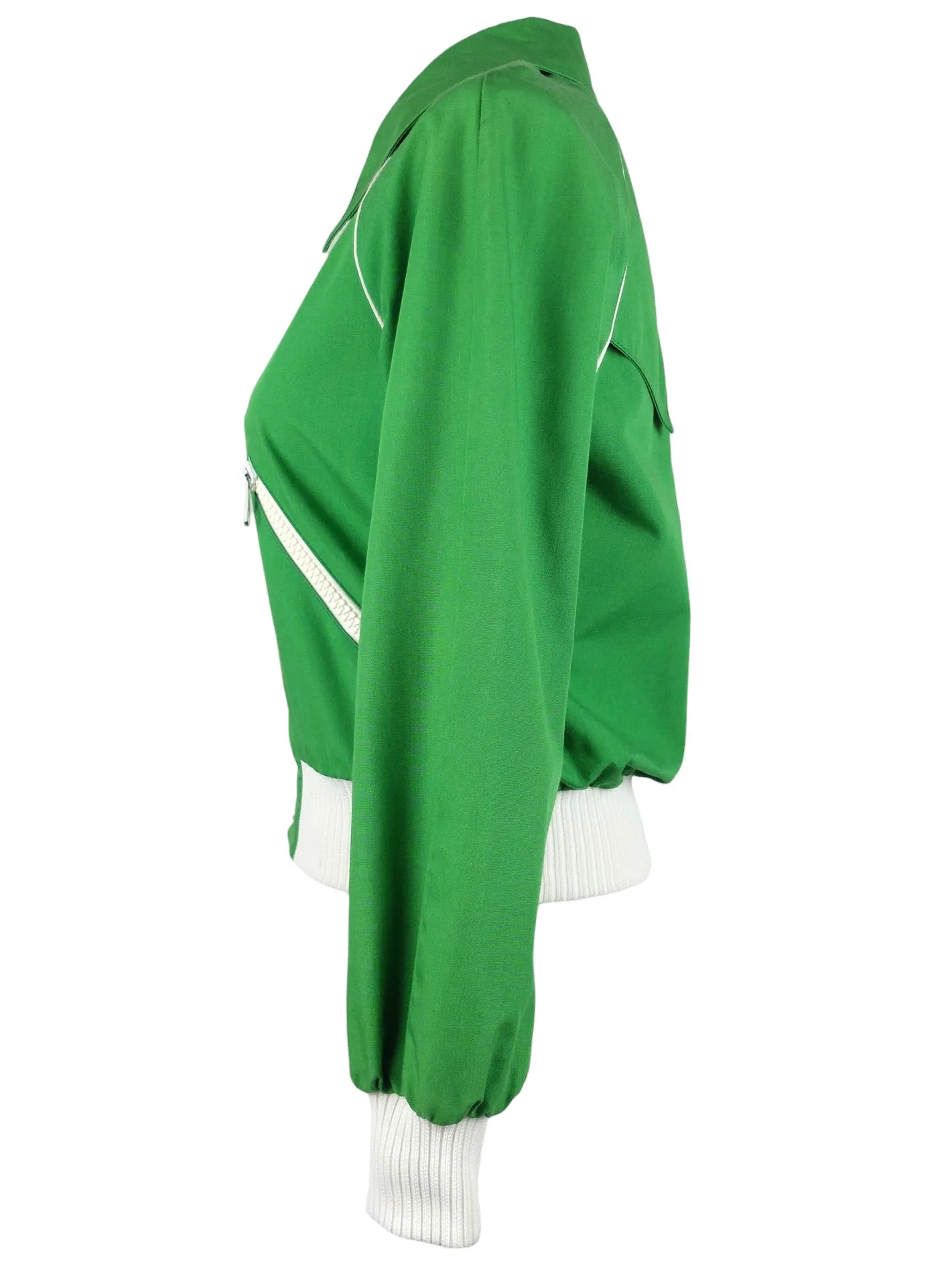 Vintage 60s Mod Psyschedelic Retro Bright Green & White Athletic Streetwear Fitted Dagger Collared Zip Up Canvas Track Jacket | Size XXS-XS
