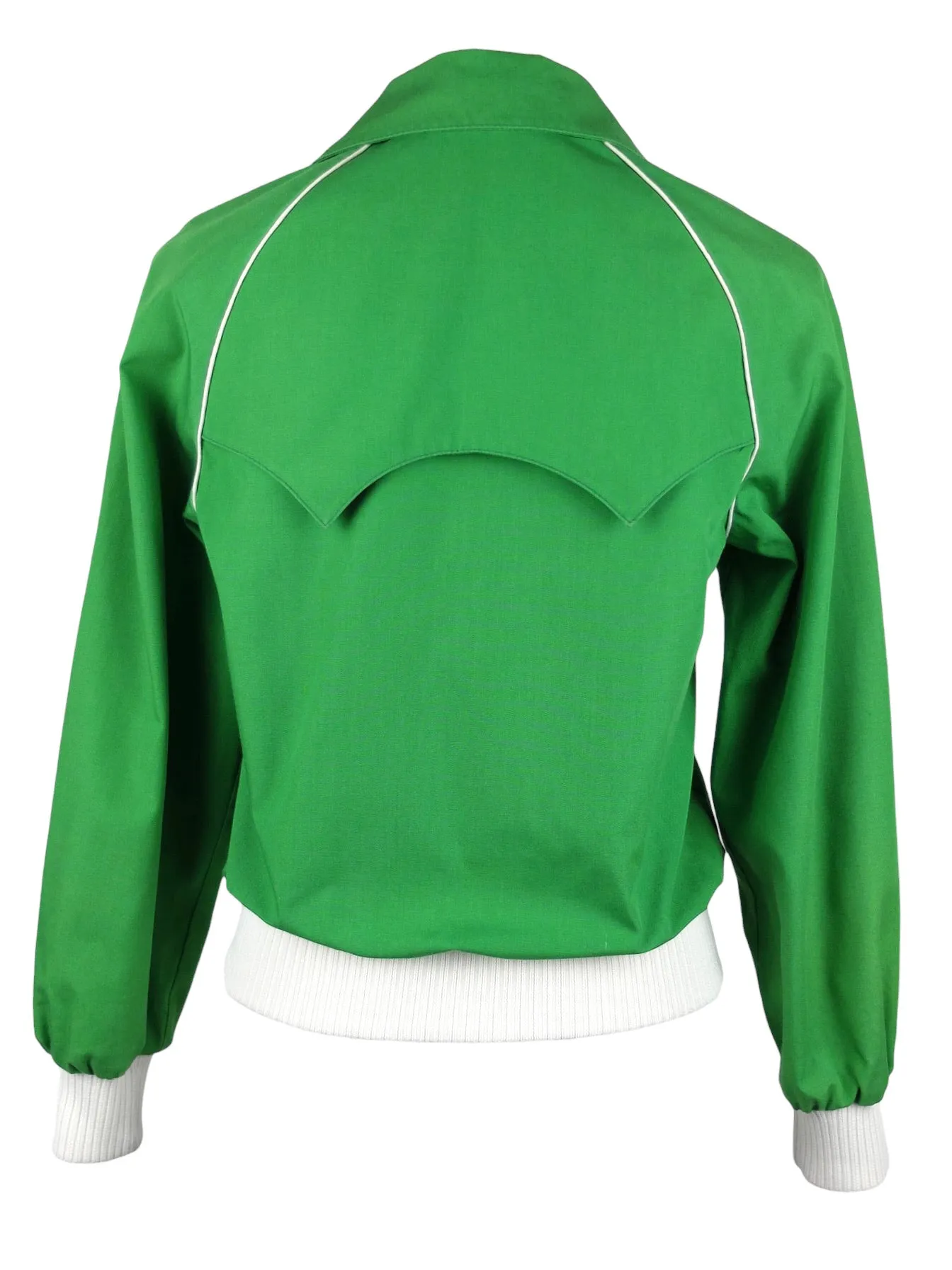 Vintage 60s Mod Psyschedelic Retro Bright Green & White Athletic Streetwear Fitted Dagger Collared Zip Up Canvas Track Jacket | Size XXS-XS