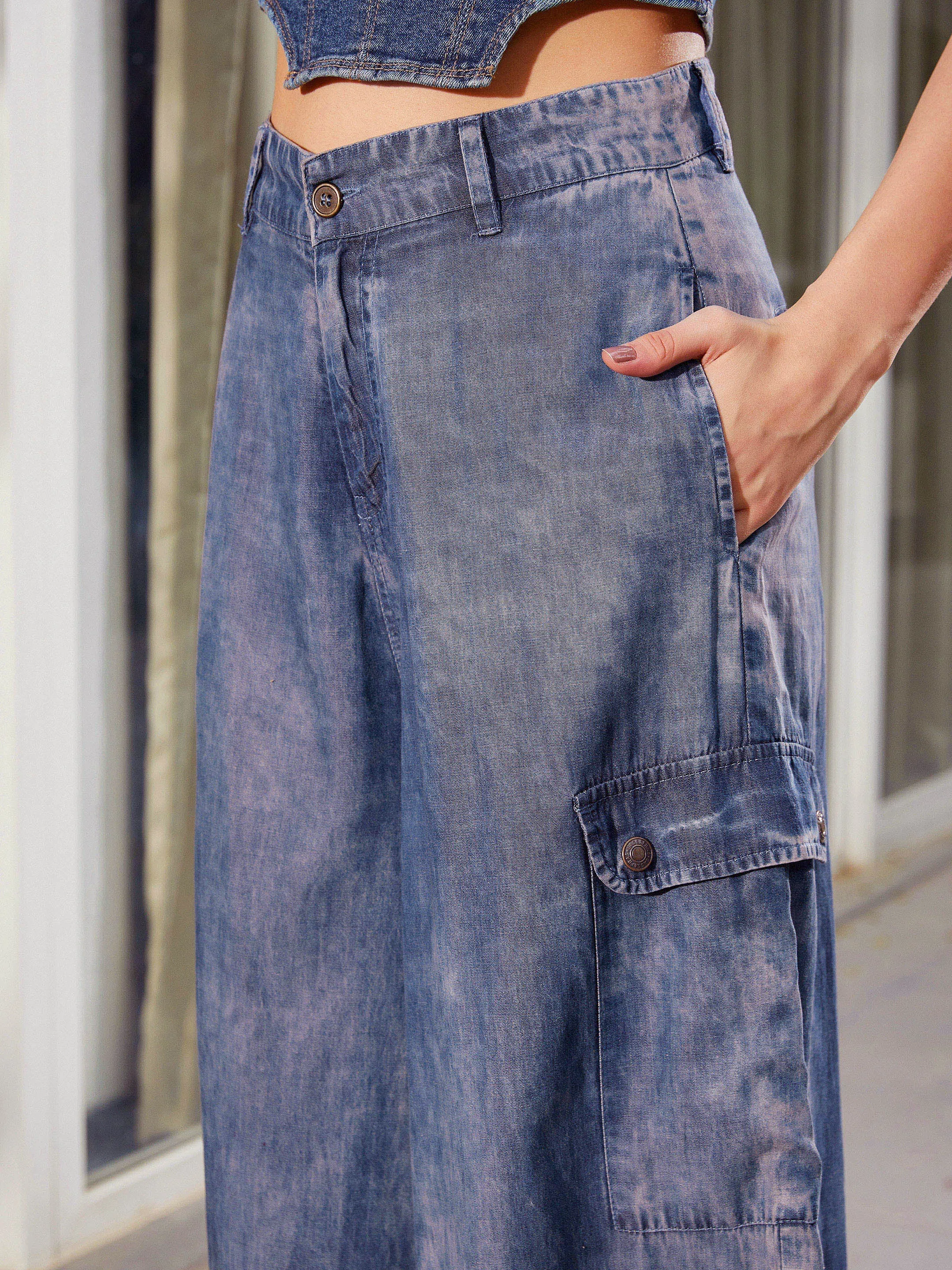 Women Blue Acid Wash Tencel Wide Leg Pants