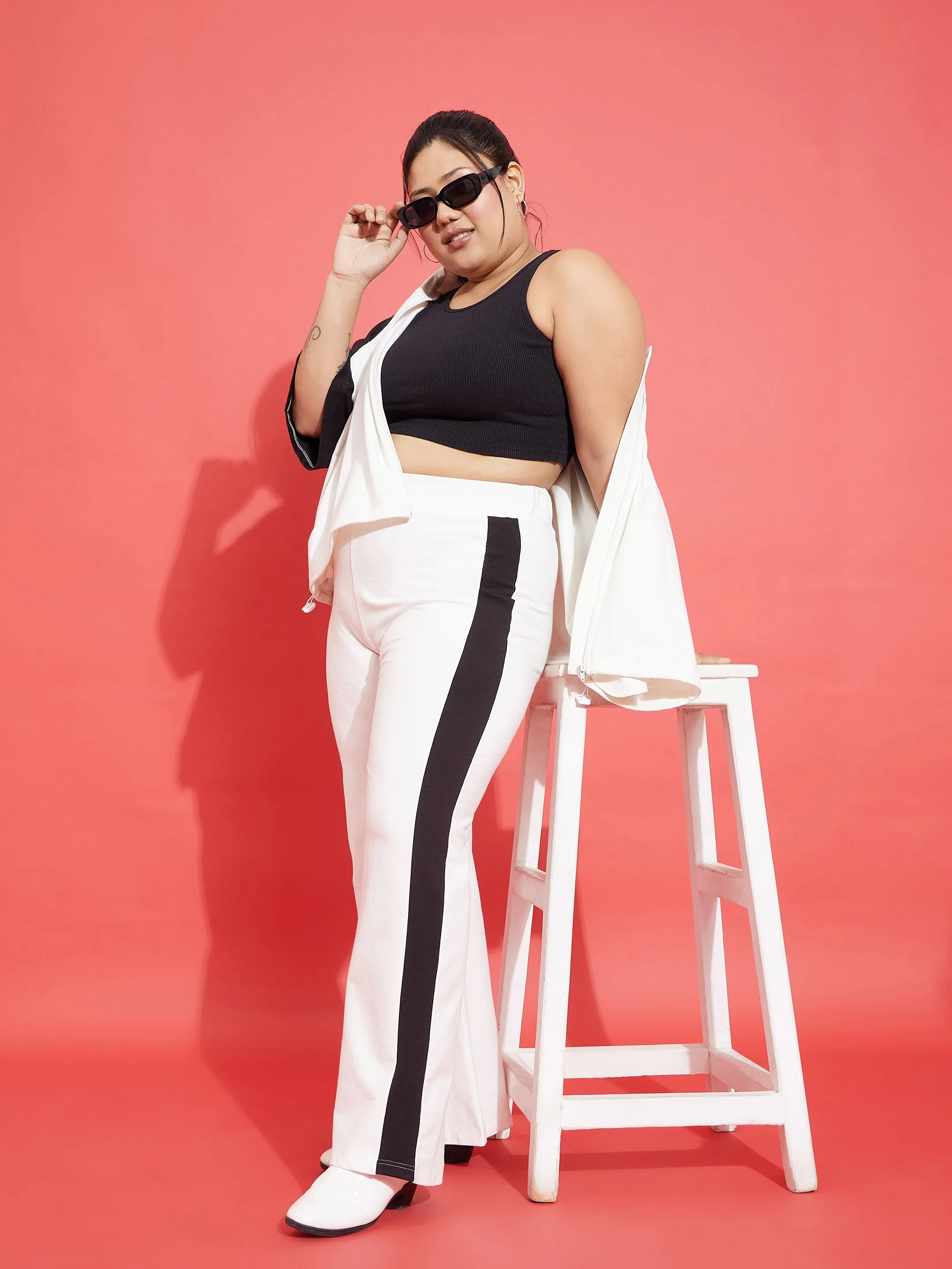 Women White & Black Terry Zipper Jacket With Track Pants