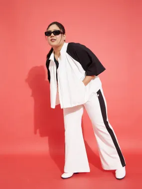 Women White & Black Terry Zipper Jacket With Track Pants