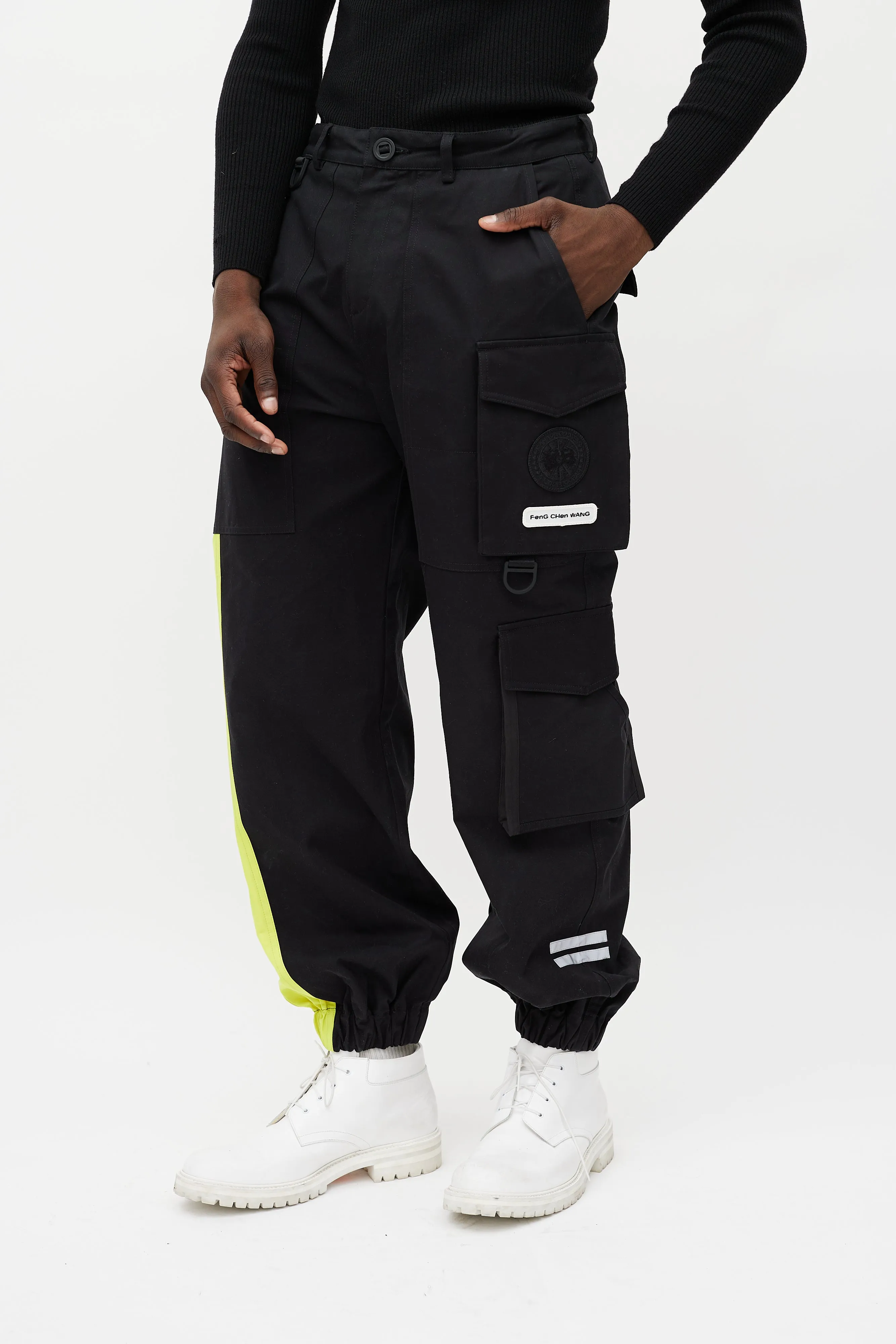 X Feng Chen Wang Black & Green Reflective Cargo Trouser