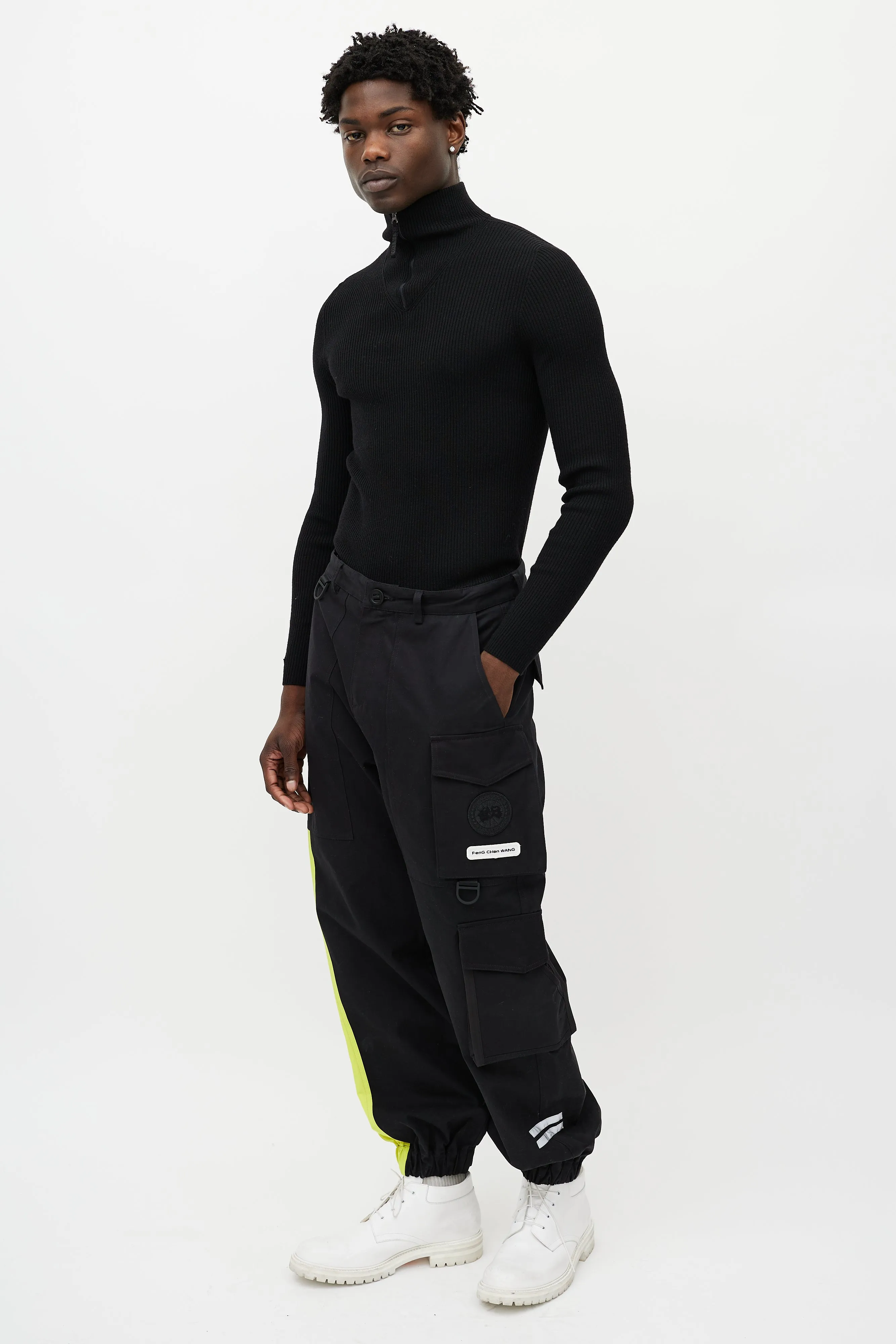 X Feng Chen Wang Black & Green Reflective Cargo Trouser