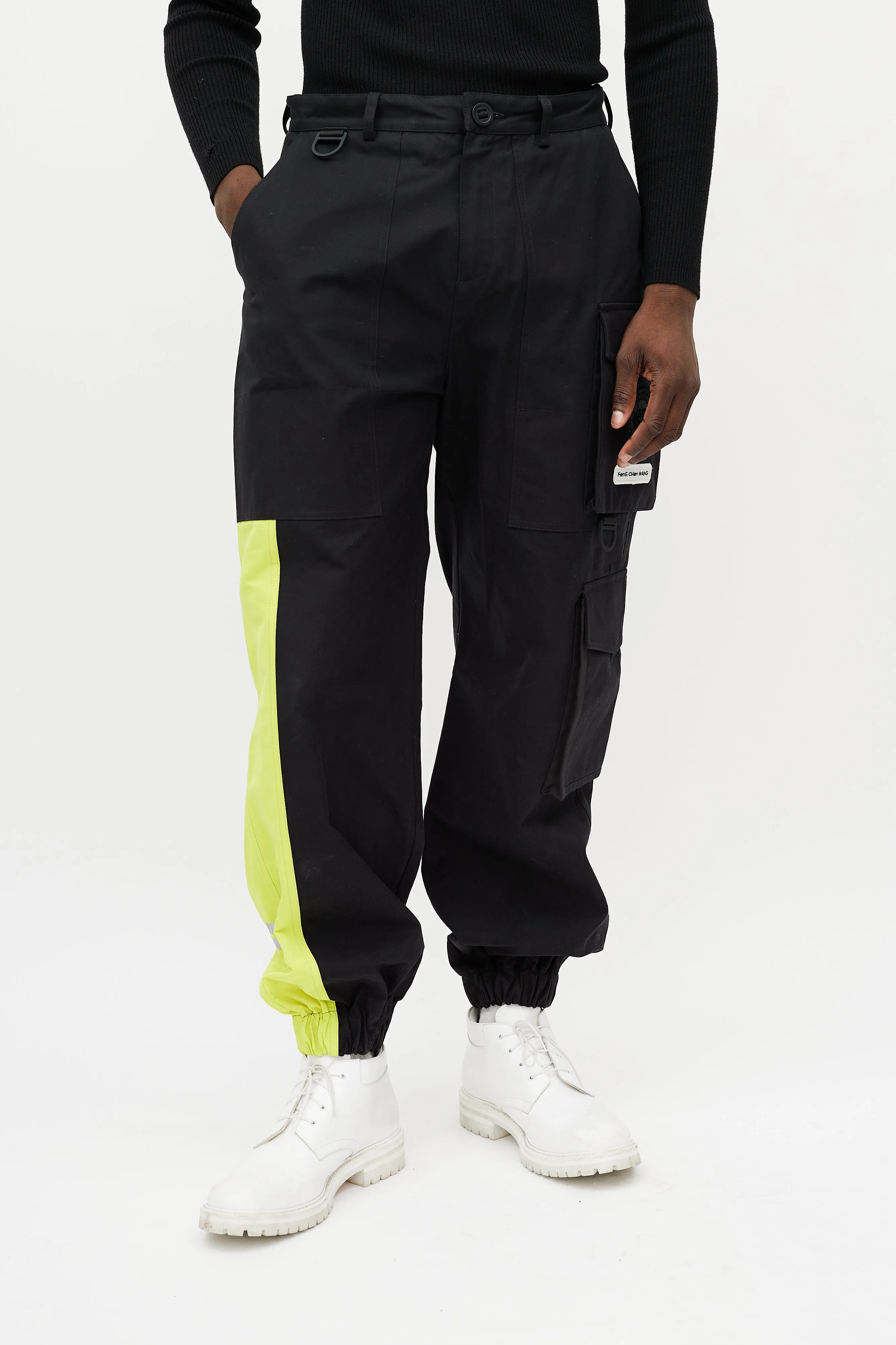 X Feng Chen Wang Black & Green Reflective Cargo Trouser