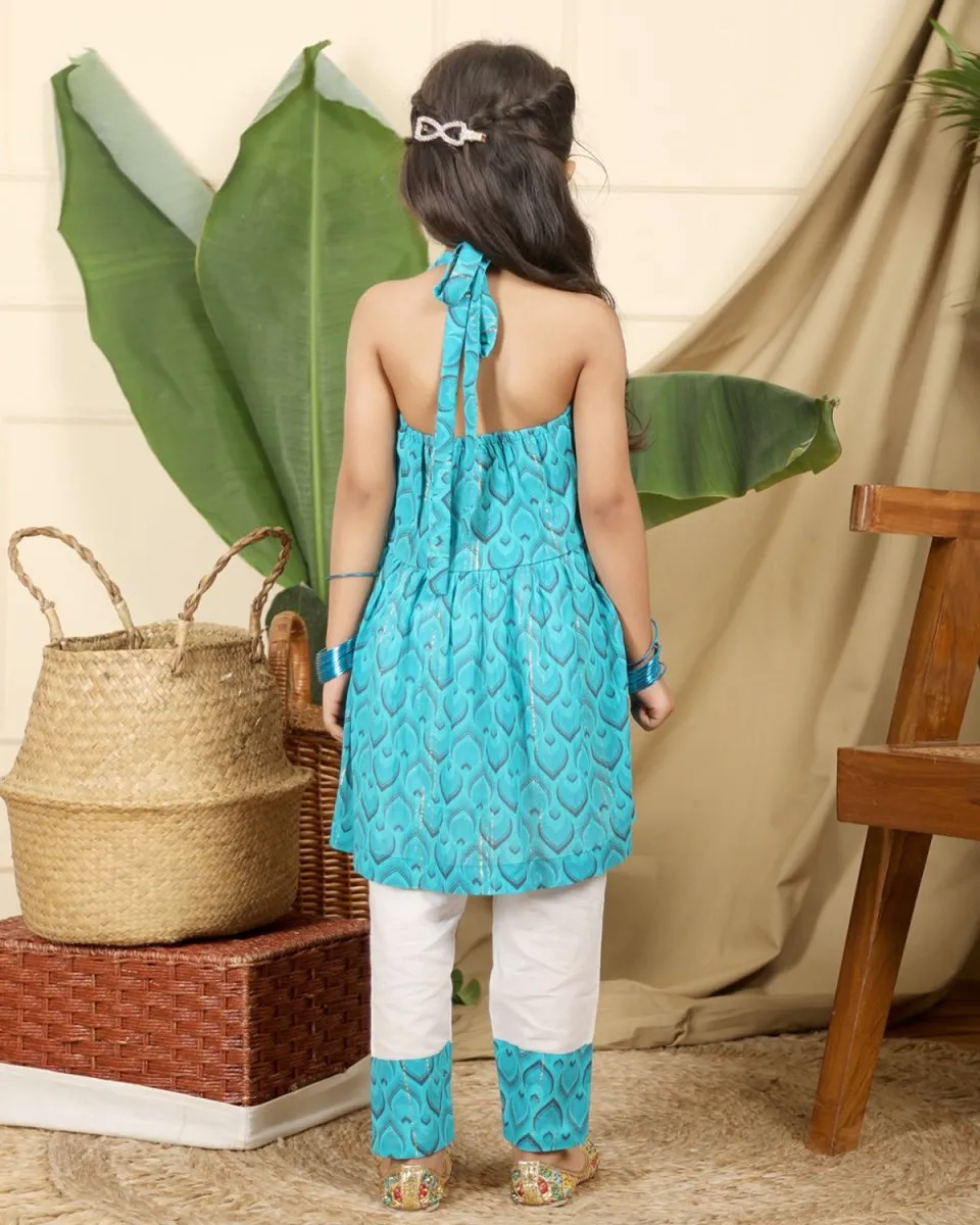 Zarkha Girls Zari Stripes Ethnic Tunic and Off-White Cotton Pyjama