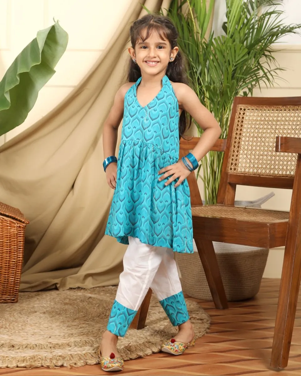 Zarkha Girls Zari Stripes Ethnic Tunic and Off-White Cotton Pyjama